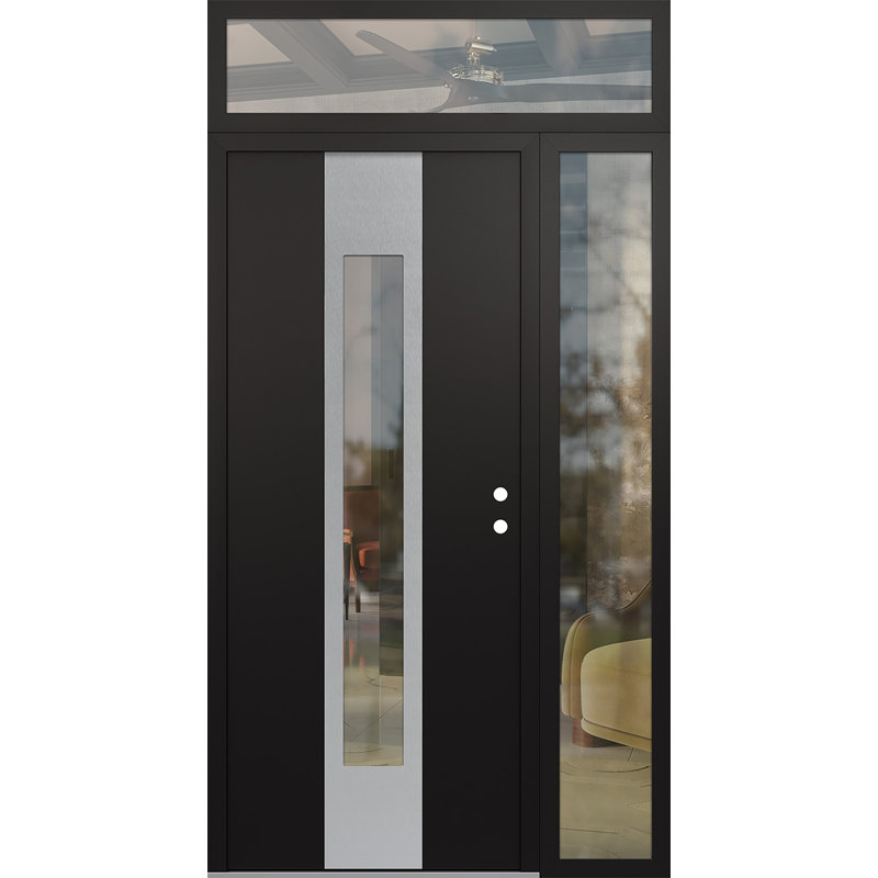 Porte d'entrée avant à panneau en acier argenté Diamond gauche gauche avec panneau latéral et traverse, L 52 po x H 96 po