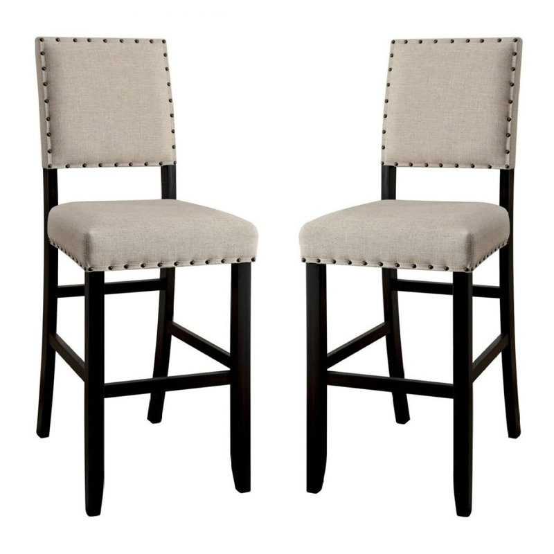 Rustic Charm Bar Chair With Ivory Linen Upholstery And Nailhead Trim, A Perfect Addition To Your Kitchen Or Bar Area.