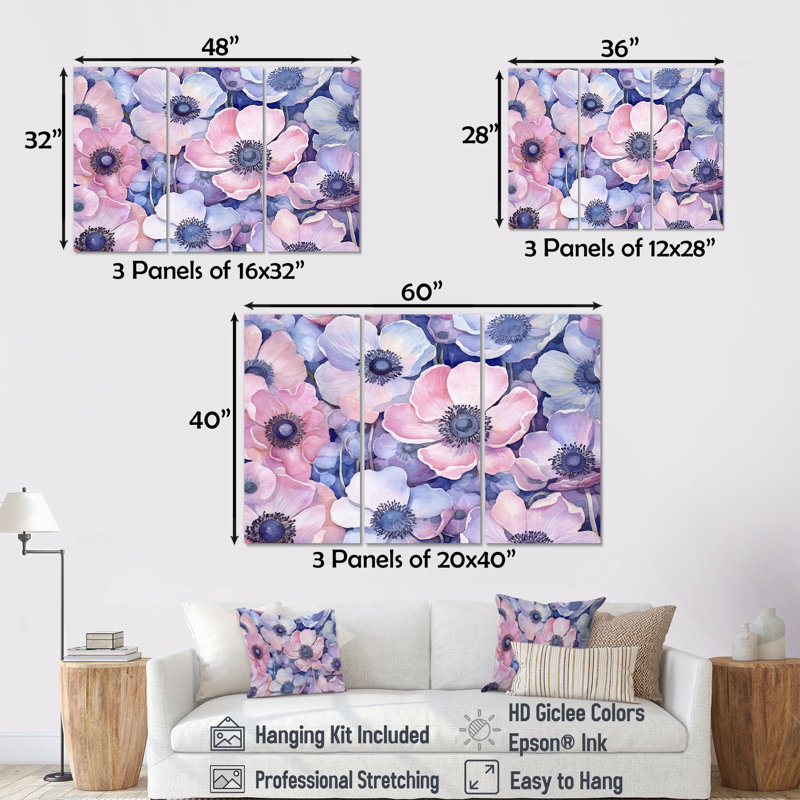 Mauve et rose Peppy Dreams - ensemble d'art sur toile coquelicots, H 28 po x l 36 po x P 1 po
