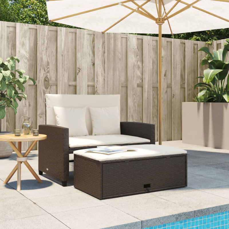 Canapé de patio en rotin 2 places Ebern Designs, Blanc crème, Brun