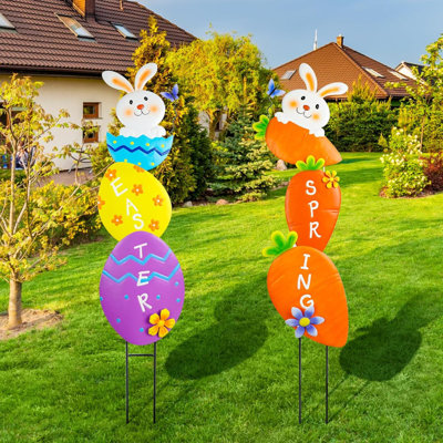 Set Of 6 Easter Decorations Outdoor Metal Bunny Yard Stakes With Stack Able Easter Eggs And Carrot Decoration For Front Door Garden  Lawn Outdoor Backyard Decor
