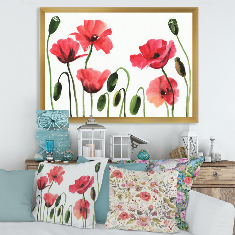 Coquelicots rouges rétro - peinture sur toile, H 12 po x l 20 po x p 1 po, Cadre doré