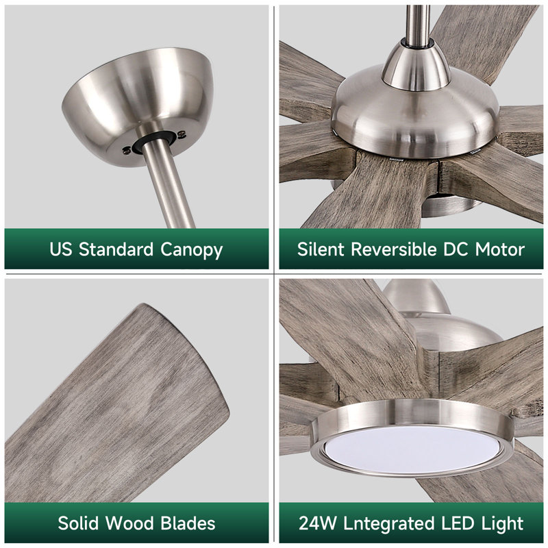 6 - Blade Solid Wood Ceiling Fan With Light, Wood Propeller Design Ceiling Fan With Remote,6 Speeds, Timer, Dimmable 3 Color Temps, Quiet Reversible Dc Motor, High Cfm