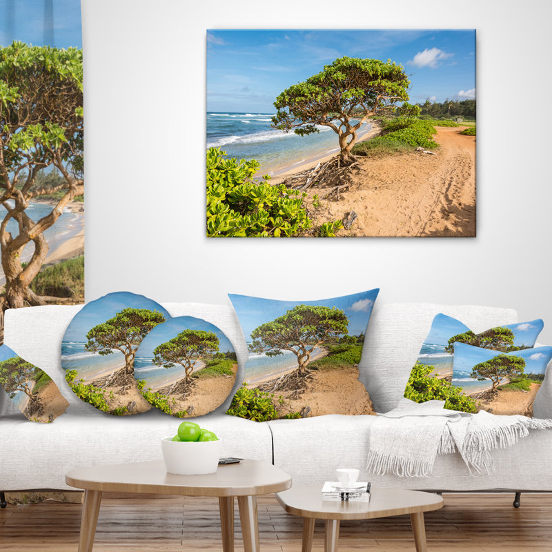 Coussin Green Tree sur la plage à Kauai, Hawaï - imprimé bord de mer, 16 po x 1 po, Carré