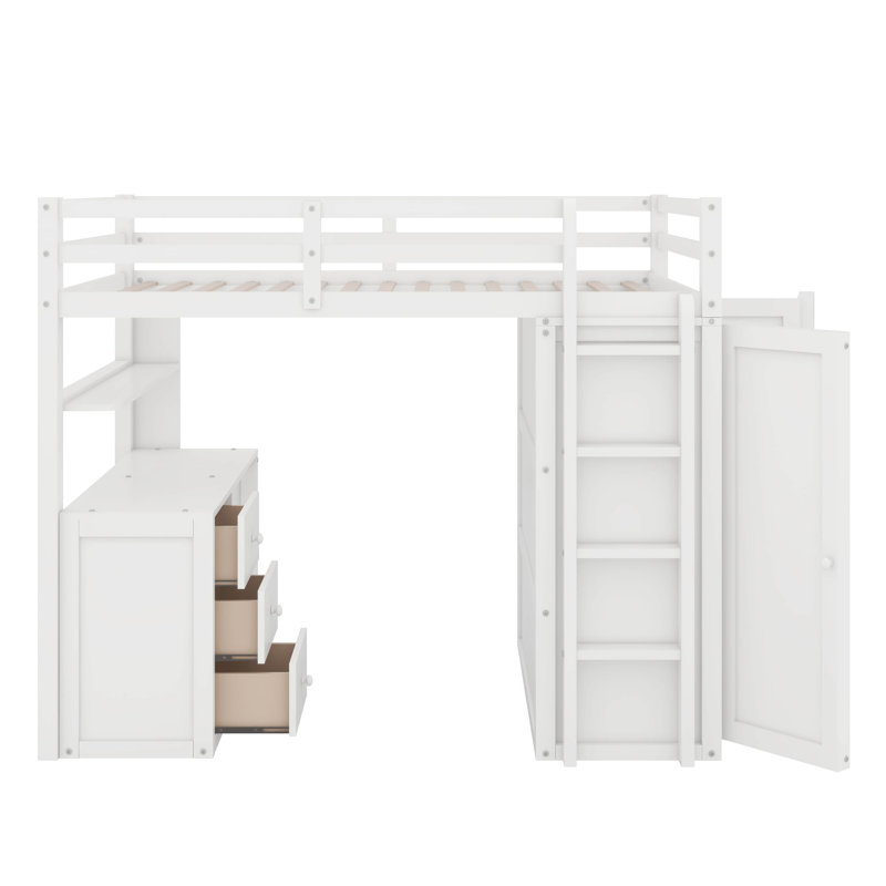 Loft Bed With Drawers,Desk,And Wardrobe, White