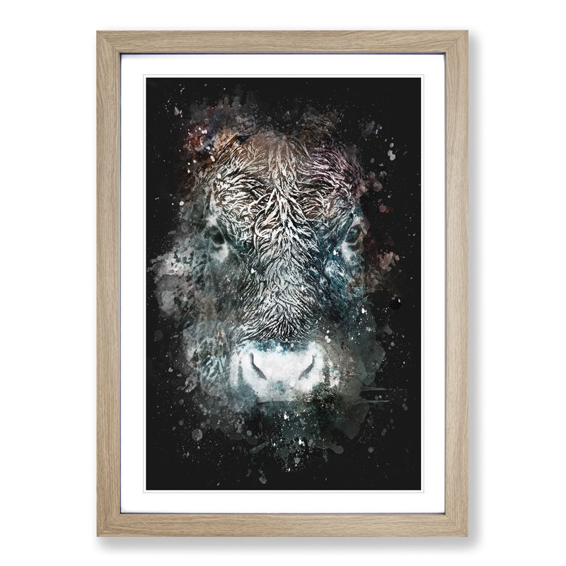 Colourful Bull Cow - Picture Frame Painting Print, 33cm H x 24cm W x 2cm D, Oak Framed