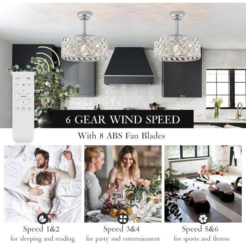 Chrome Crystal Caged Ceiling Fans With Light, 18" Bladeless Ceiling Fan With Remote Control, 6 Speed Enclosed Ceiling Fan With Reversible Motor For Bedroom Kitchen Living Room