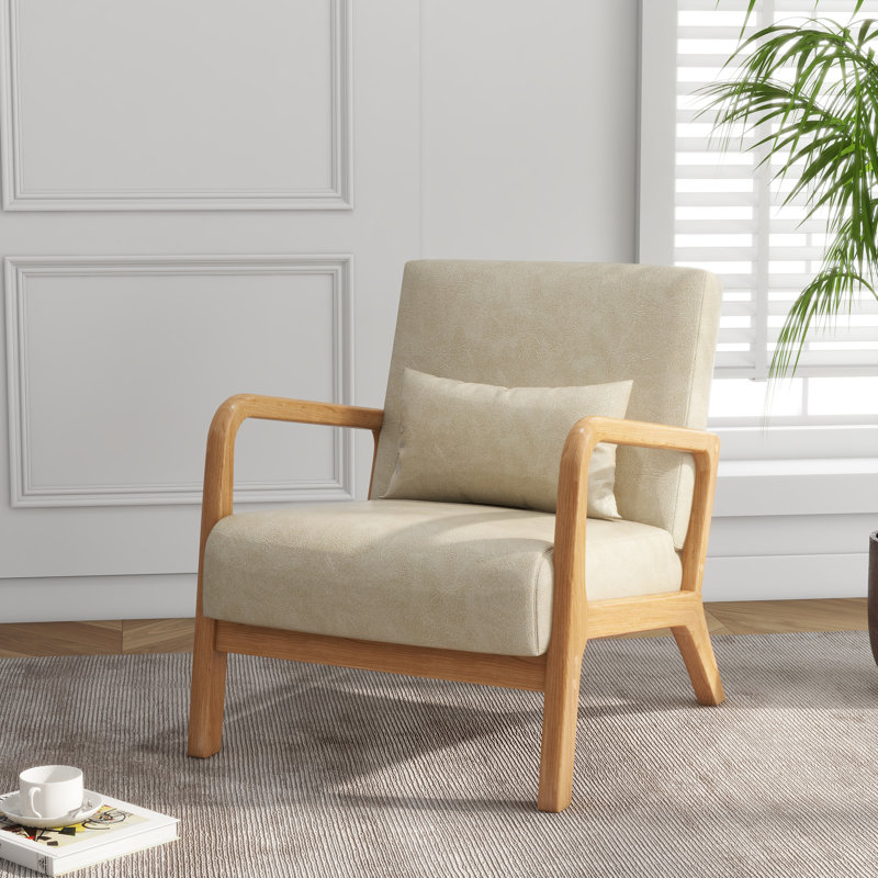 Fauteuil de 25,78 po de large Jyrin, Similicuir crème, Bois d'hévéa