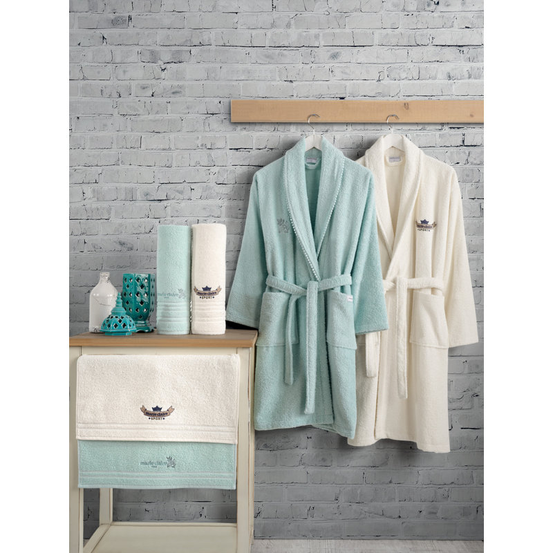 Peignoir mi-mollet 100% coton avec poches Bogey, Bleu / blanc