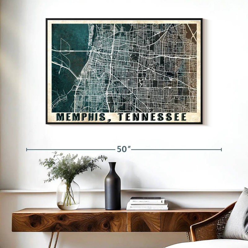 Carte rétro de la ville de Memphis, Cadre flottant noir, 40 po x 27 po