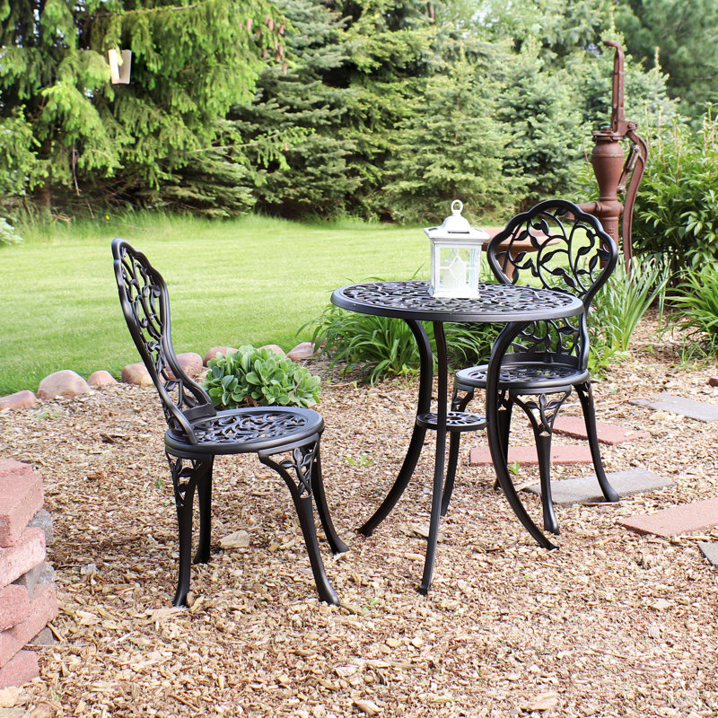 Moravia Floral 3-Piece Cast Aluminum Outdoor Bistro Set with 2 Chairs and Table, Black