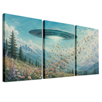 Ensemble de 3 toiles murales représentant une soucoupe volante survolant des montagnes enneigées et des fleurs sauvages