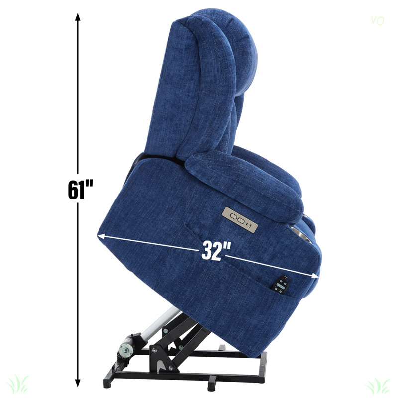 Up To 350 LBS Chenille Power Lift Recliner Chair, Heavy Duty Motion Mechanism With 8-Point Vibration Massage And Lumbar Heating, USB And Type-C Ports, Stainless Steel Cup Holders