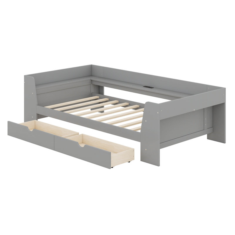 Structure de lit plateforme en bois avec ports USB et tablettes, gris