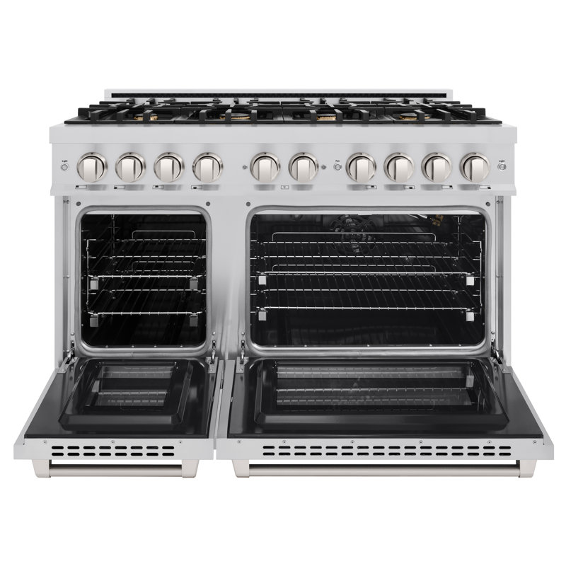 48" Stainless Steel Double Oven Gas Range with 8 Brass Burners