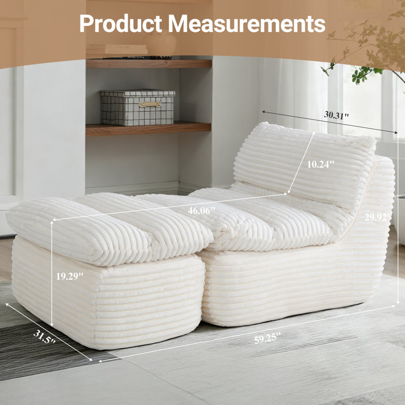 31.5'' No Assembly Required Modern Upholstered Oversized Corduroy Indoor Chaise Lounge Sleeper Sofa with Ottoman, Beige