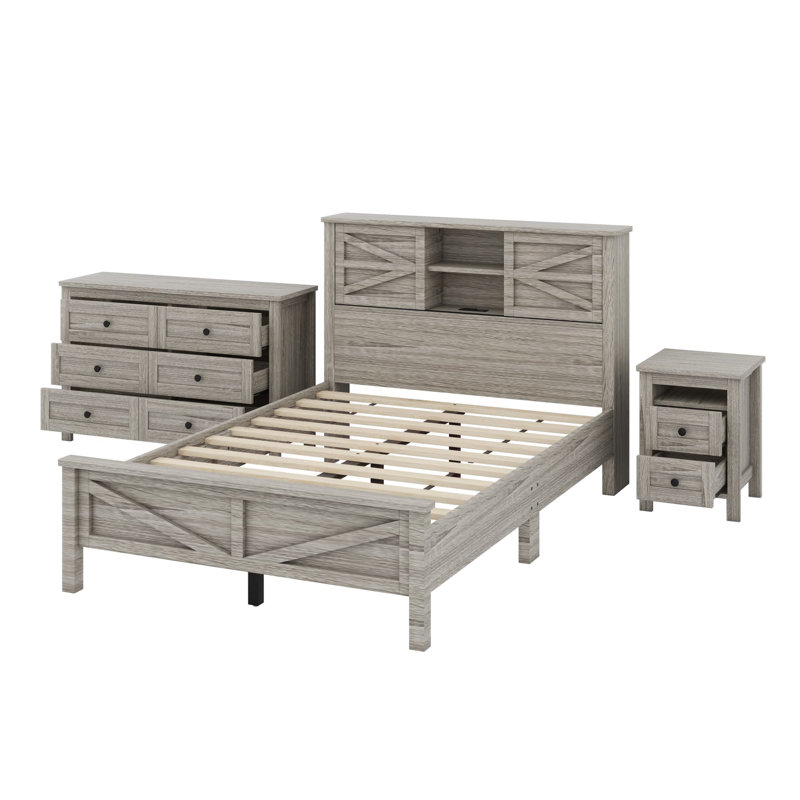 Ensemble de lit plateforme 3 pièces avec tête de lit double à porte coulissante, station de charge, table de chevet et commode