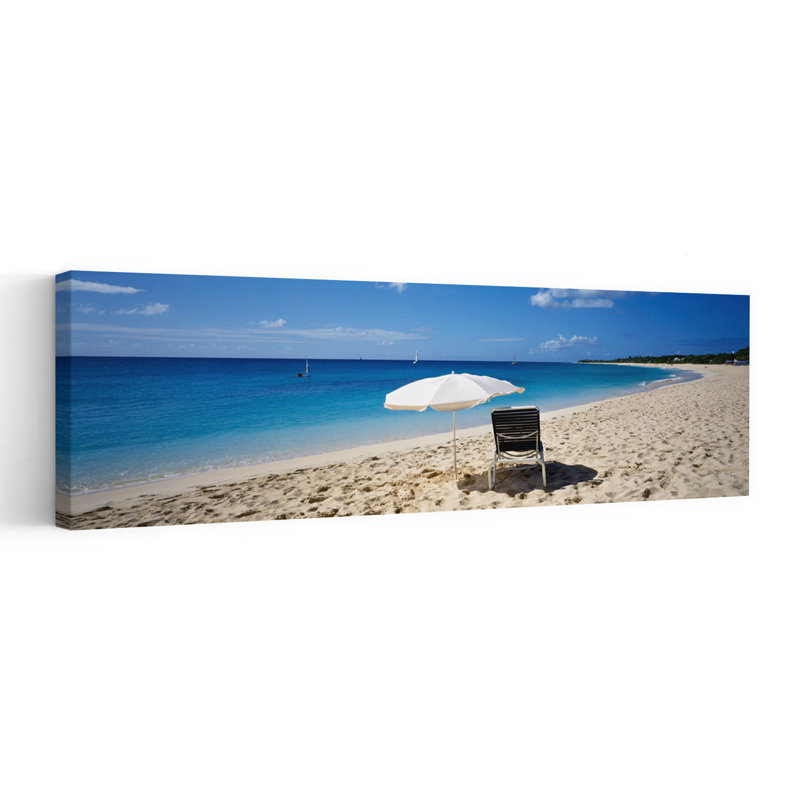 Simple chaise de plage et parasol sur le sable, Saint-Martin, Antilles françaises, océan, art mural, H 16 po x l 48 po