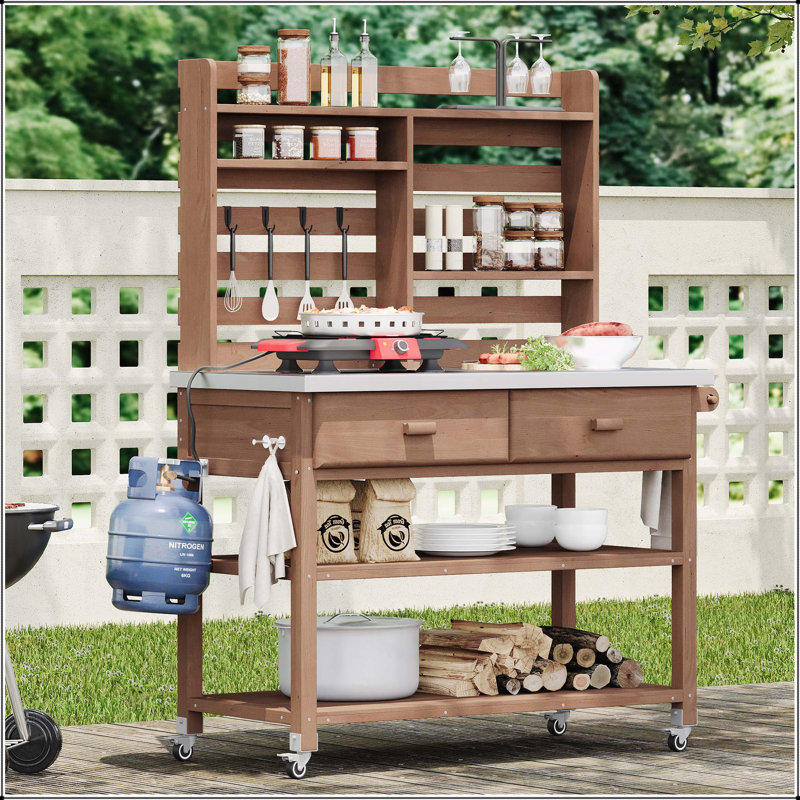 Versatile Outdoor Potting Bench with Lockable Wheels and Multiple Storage Options, Brown