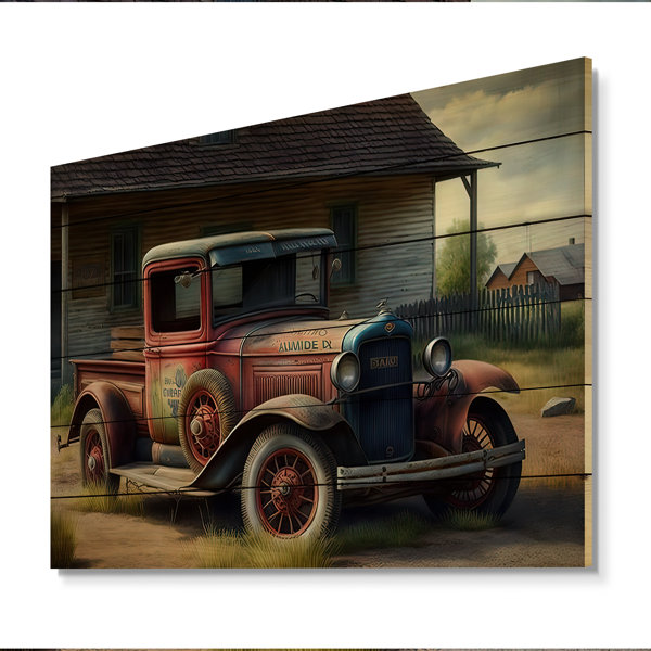 August Grove® 30S American Car At The Barn On Wood Print | Wayfair