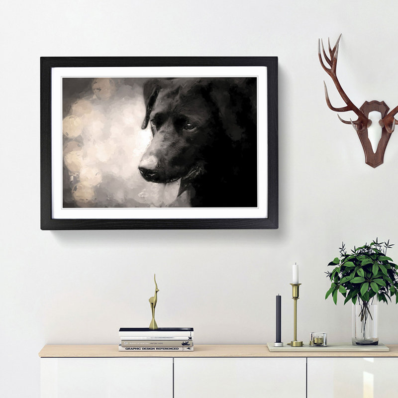 Black Labrador in Abstract - Picture Frame Painting Print on MDF, 48cm H x 65cm W x 2cm D, Black Framed