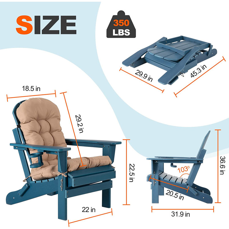 Ensemble de 2 chaises pliantes Adirondack avec coussin, surdimensionné en Hdpe et résistant aux intempéries, Bleu