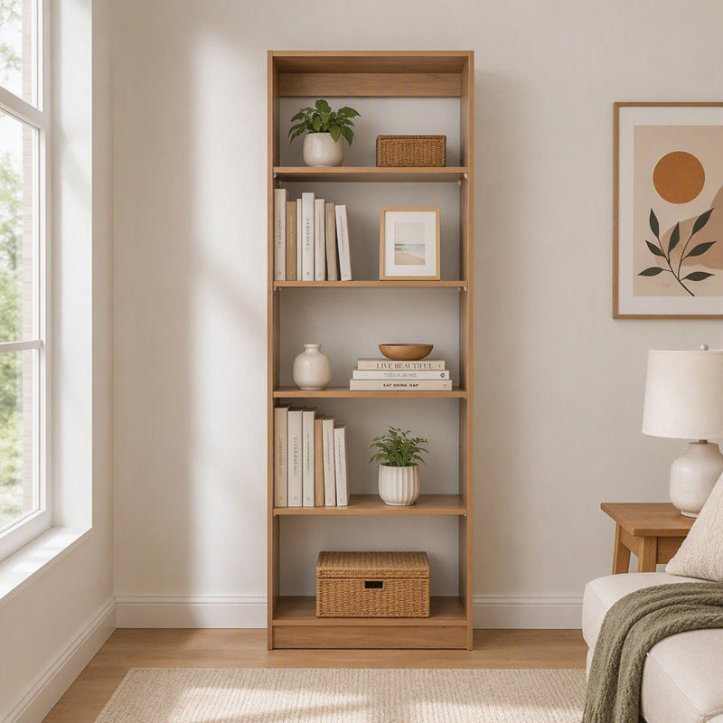 Ensemble de bibliothèque 3 pièces en chêne naturel avec étagères ouvertes pour un rangement et une présentation optimisés, parfait pour les intérieurs modernes.