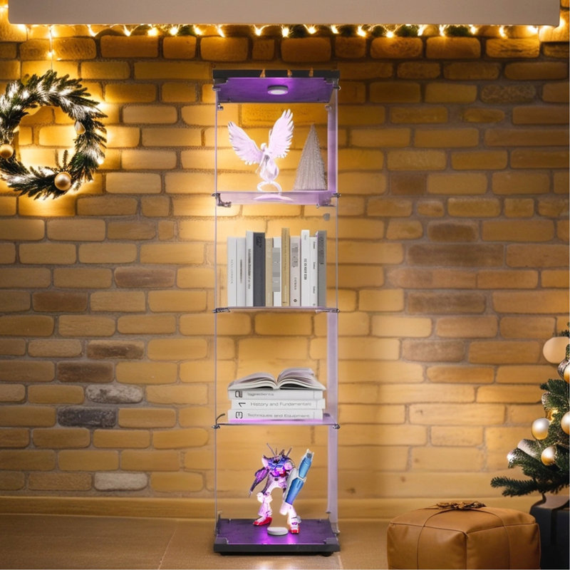 Armoire vitrée éclairée à 4 tablettes avec une porte, noir