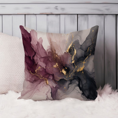 Abstract Fluid Symphony – Plum Purple, Charcoal Gray & Gold Marble Geode Modern Throw Pillow Cover
