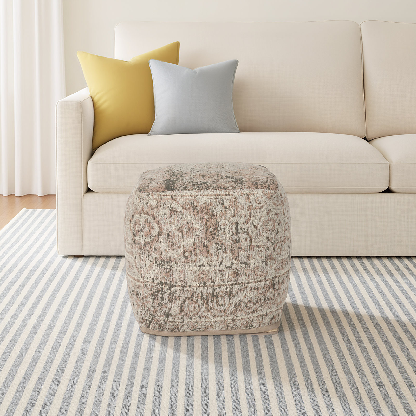 Kason Upholstered Pouf, Taupe Cotton Blend
