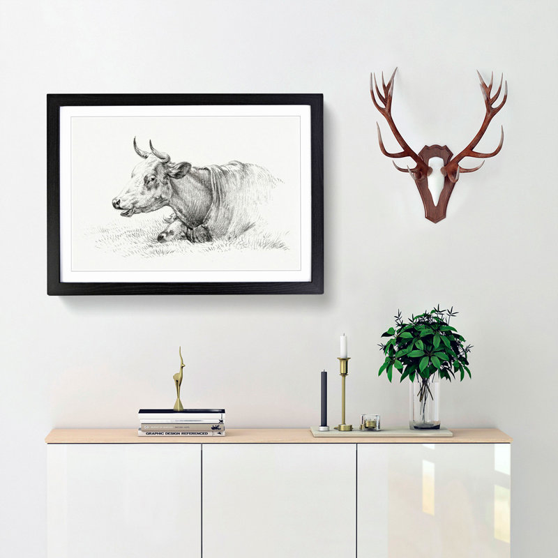 A Resting Cow by Jean Bernard - Framed Print, 24cm H x 33cm W x 2cm D, Black Framed