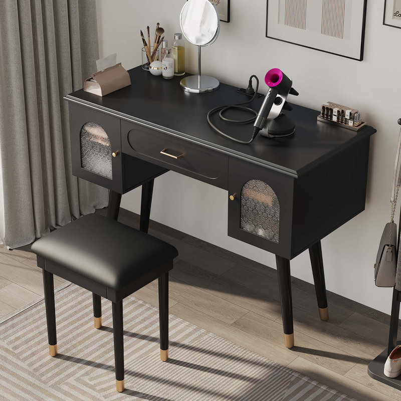 Ensemble de coiffeuse et coiffeuse élégant avec organisateur, port de charge et double fonction de bureau d'écriture., Noir