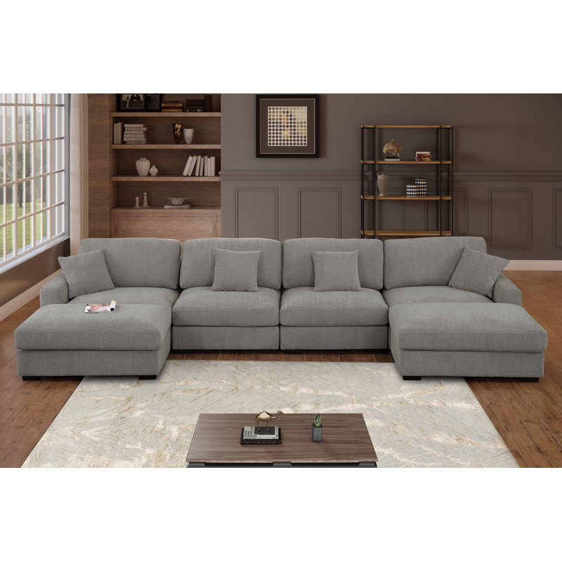 Canapé modulaire en U avec deux grands repose-pieds Chenille, Gris chenille