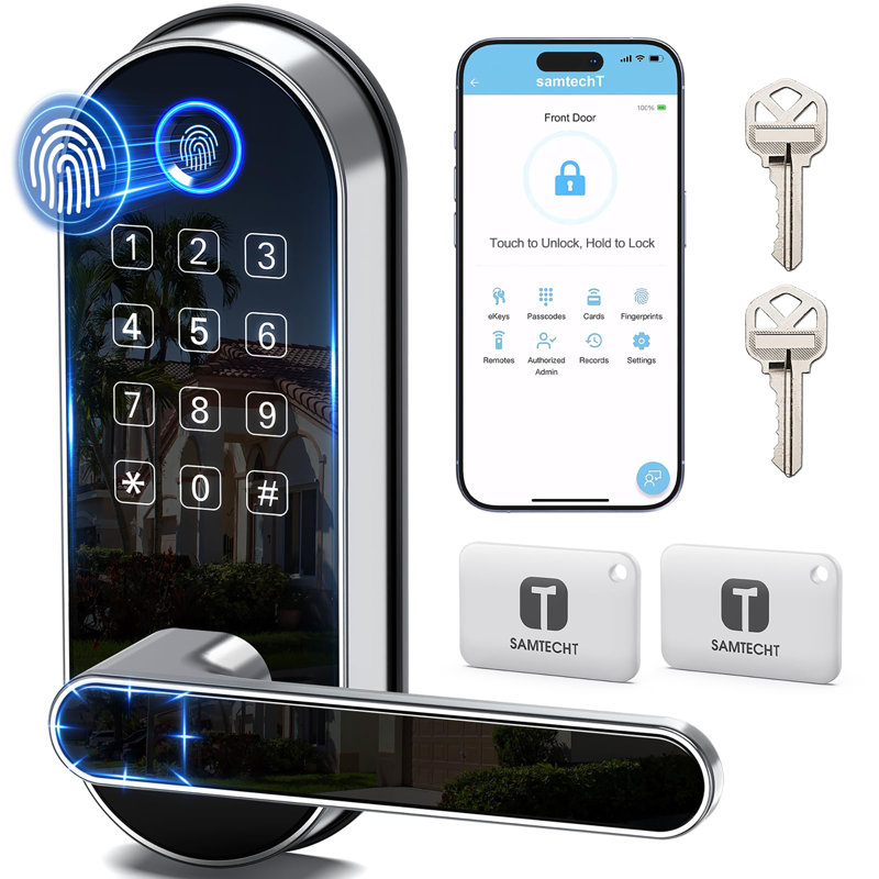 Serrure intelligente à empreinte digitale sans clé avec poignée et clavier, poignée de porte biométrique, Argent argent