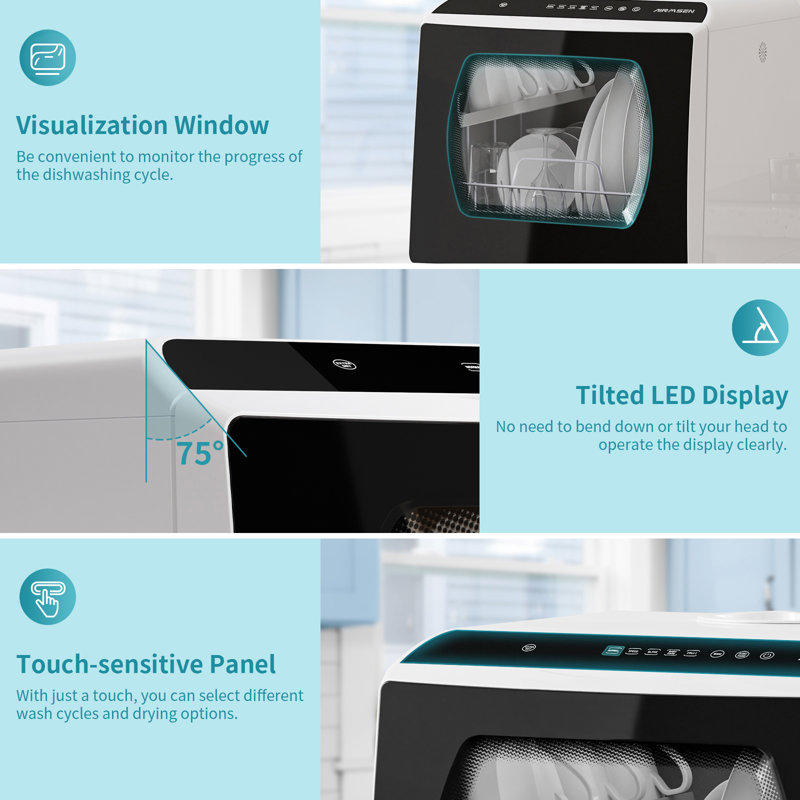 16.8" 50 dBA Portable Countertop Dishwasher with 5L Built-in Water Tank