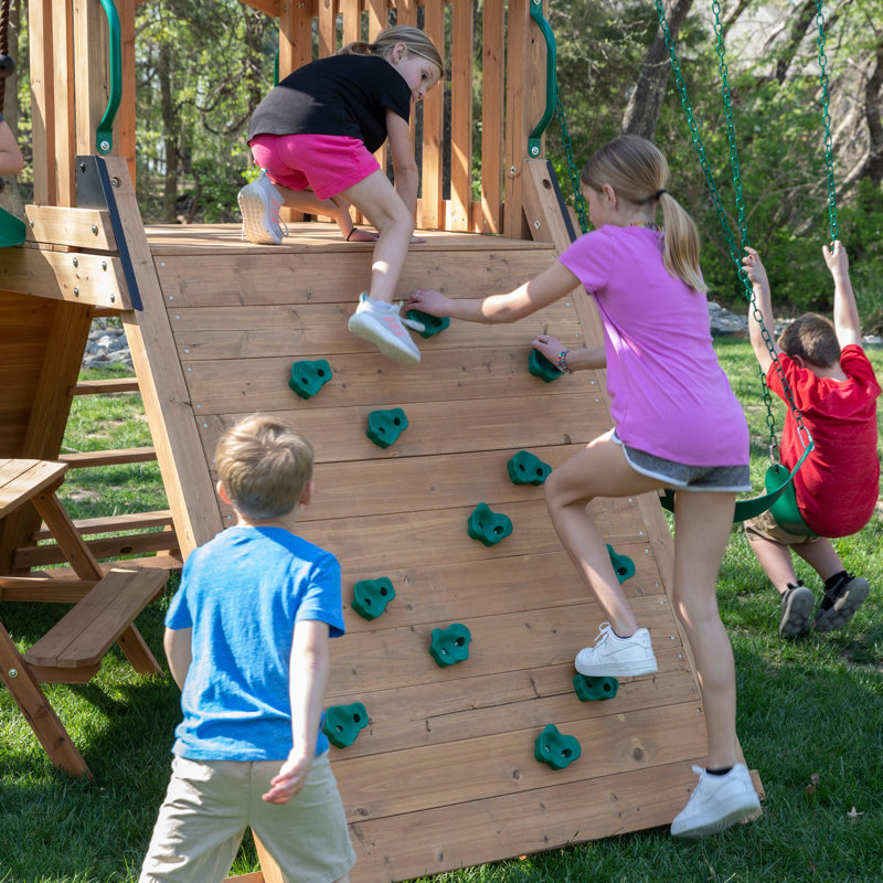 Endeavor II Cedar Wood Swing Set with Green Wave Slide