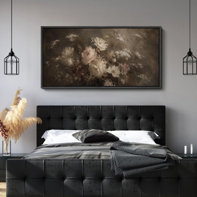 Elegant Dark Floral Roses Bouquet Vintage Style Botanical Wall Decor - Large Framed Canvas Master Bedroom Wall Art Print
