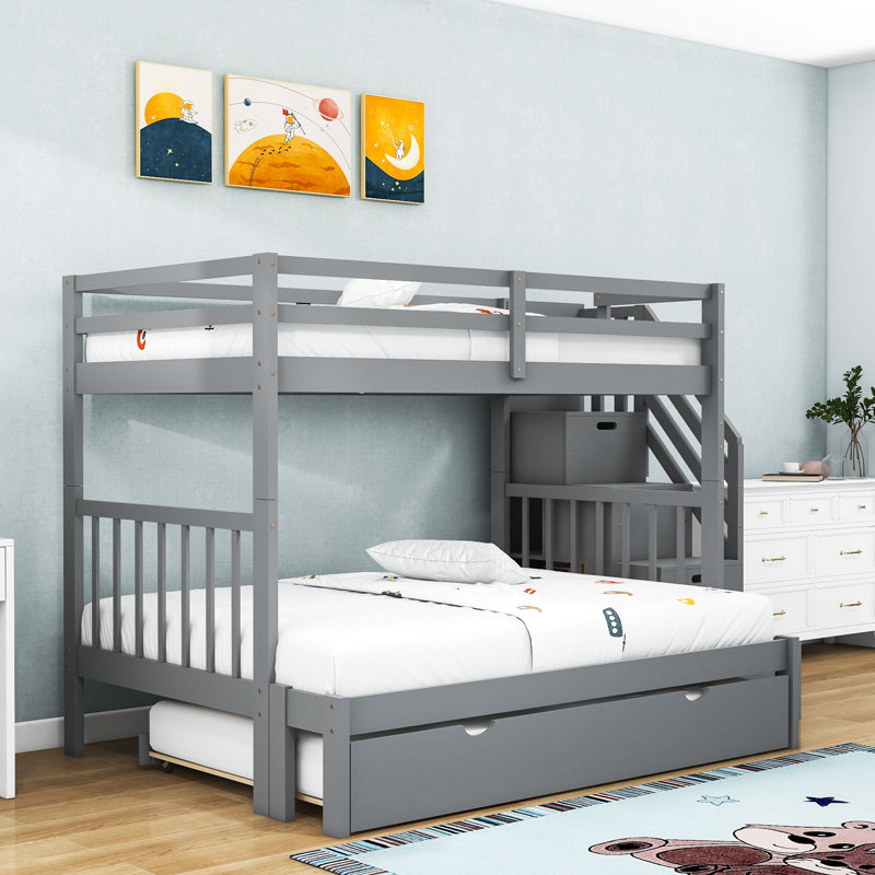  Elitha Kids Twin over Full Wood Bunk Bed with Trundle with Drawers, Gray