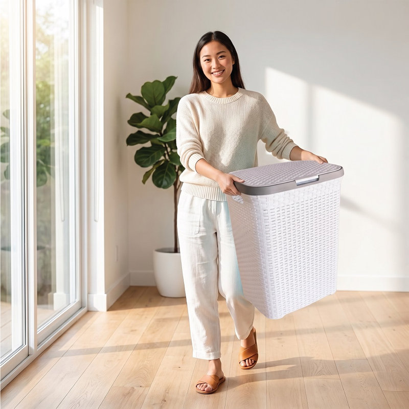 65L Large Laundry Hamper with Lid – Plastic Rattan Effect Laundry Basket for Dirty Clothes Storage – Space Saving Washing Basket with Handles