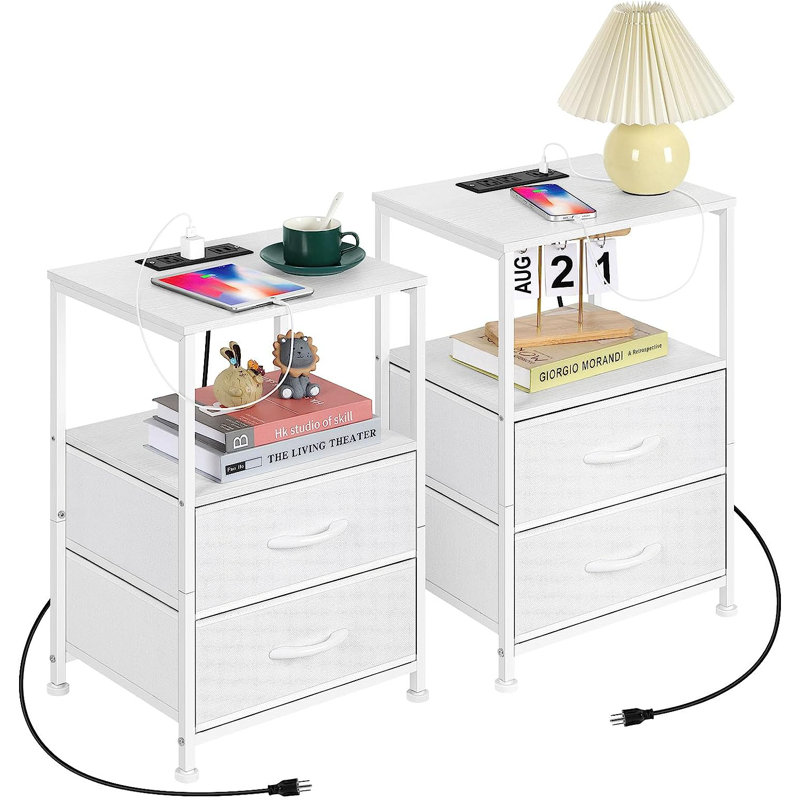 2 - Drawer End Table Set and Built-In Outlets, White