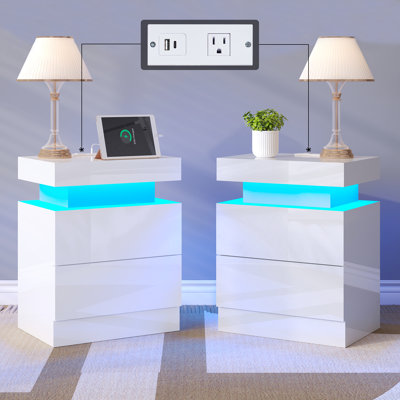  Table de chevet moderne à DEL avec station de charge et 2 tiroirs