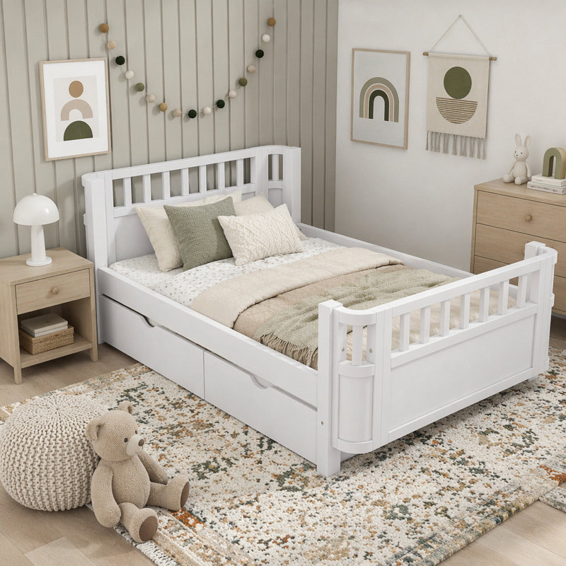 Lit plateforme simple à profil bas pour enfants avec tiroirs de rangement et rails de sécurité, Lit simple, Blanc