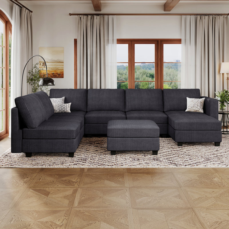 Ozeal Large U-Shaped Corduroy Sectional Modular Sofa Livingroom Storage Couch With Ottomans, Convertible Large Sofa Bed 8 ottomans Sleeper