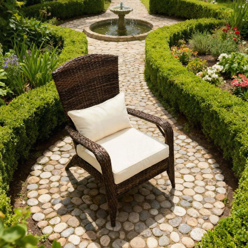 Patio Chair With Rattan Wicker, Soft Cushions, Tall Curved Backrest, Cream White, Dark Brown