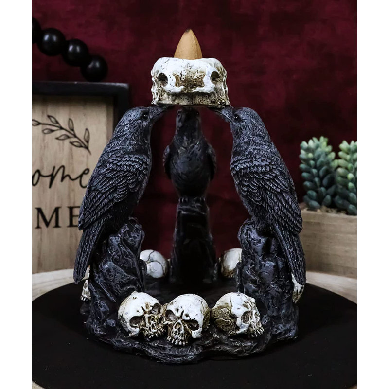 Trinx gothique Macabre Quoth The Raven Nevermore Trio 3 corbeaux avec crânes à reflux encens brûleur de cône Figurine corbeaux corbeaux Wicca sorcellerie Sorcery Home Decor
