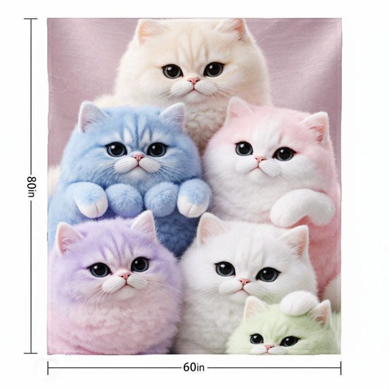 1Pc Cute Pastel Colour Kittens Flannel Blanket Soft, Adorable, Plush, Cozy, Ideal Gifts For Cat Lovers, Home Decor, Kids, 60*80