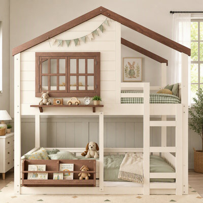Lit superposé en forme de maison pour enfants, cadre de lit multifonctionnel avec toit, tablette intégrée et barrières de sécurité, lit en bois avec échelle pour chambre d'enfant