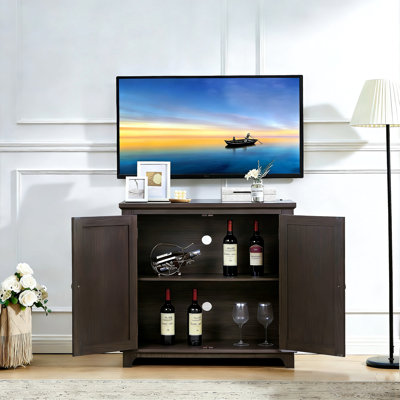 Élégant buffet avec 2 portes en miroir en acrylique, stratifié brun, tablettes réglables pour un rangement polyvalent, esthétique du grain de bois 3D, salon et cuisine au design charmant, assemblage facile et rapide