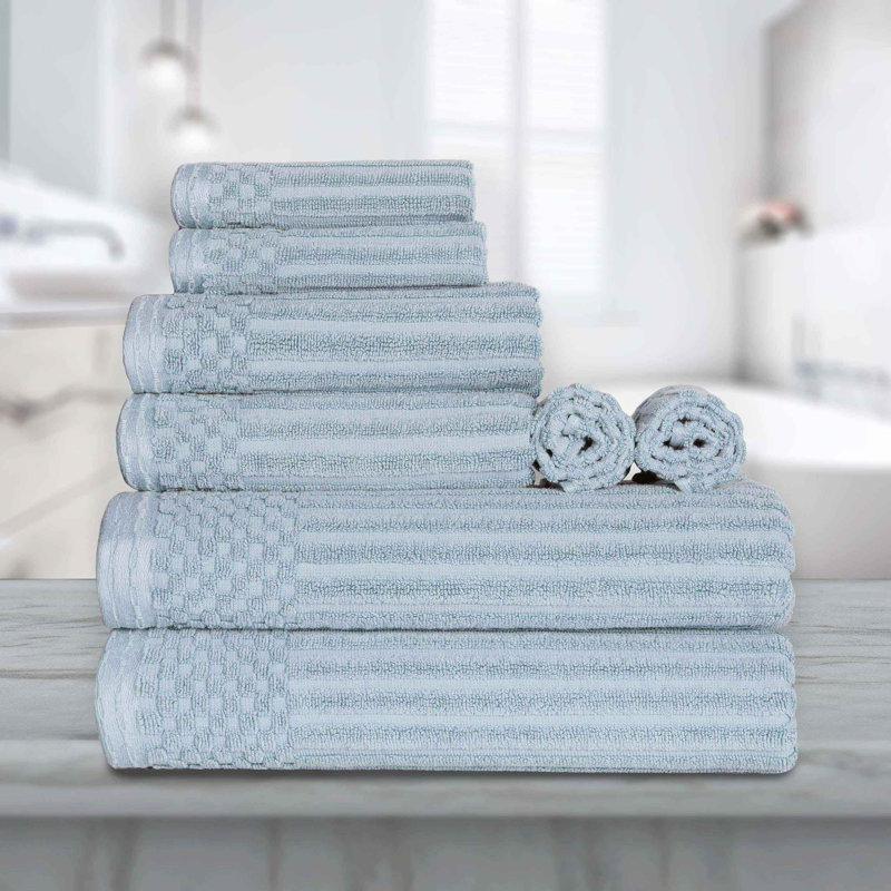 Ruvins Cotton Highly Absorbent 8-Piece Solid and Checkered Border Towel Set, Slate Blue