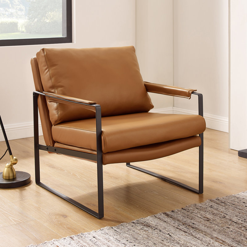 Mirsade 27.09'' W Leather Upholstered Accent Armchair, Brown Genuine Leather